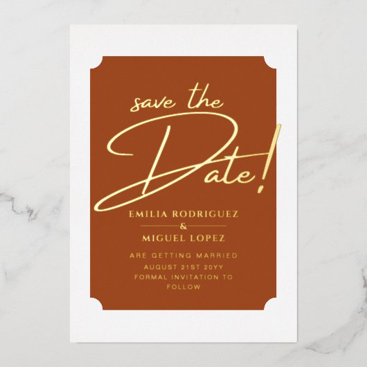Invitation En Aluminium Real GOLD Foil Terracotta Enregistrer le Mariage d (Recto)