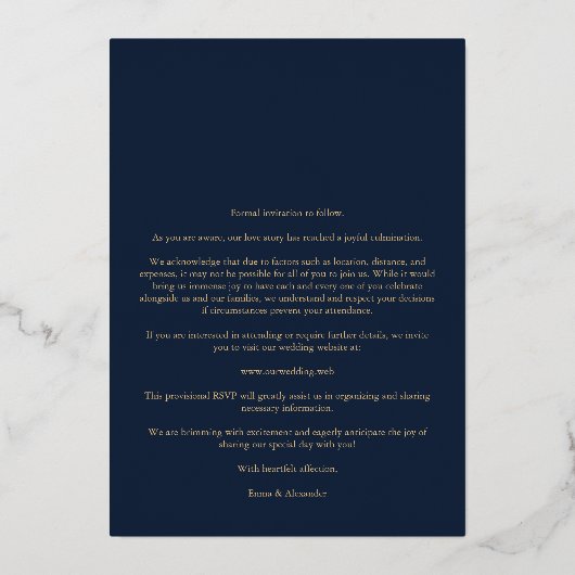 Invitation En Aluminium Real Gold Modern Collage in Navy Blue Fancy Script (Verso)