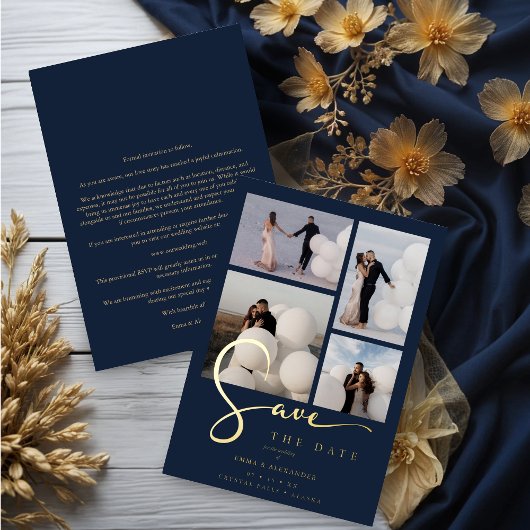 Invitation En Aluminium Real Gold Modern Collage in Navy Blue Fancy Script