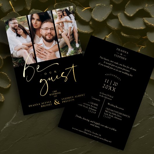 Invitation En Aluminium Real Golden Be our Guest Collage Wedding 3 Photos