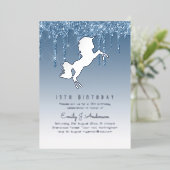 Invitation En Aluminium Real Silver Foil Unicorn Girly Birthday (ANY) Blue (Debout devant)