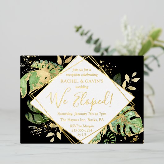 Invitation En Aluminium Réception de mariage de l'Elopement tropical Noir  (Debout devant)