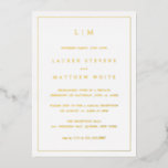 Invitation En Aluminium Réception de mariage élégante avec monogramme simp<br><div class="desc">Annonce de mariage simple avec invitation à la réception présentant un design moderne et élégant avec votre monogramme de deux lettres en haut et vos coordonnées entourées d'une fine bordure. Tout le texte et la bordure au recto sont en véritable feuille d'or. Un design chic et stylé qui convient parfaitement...</div>