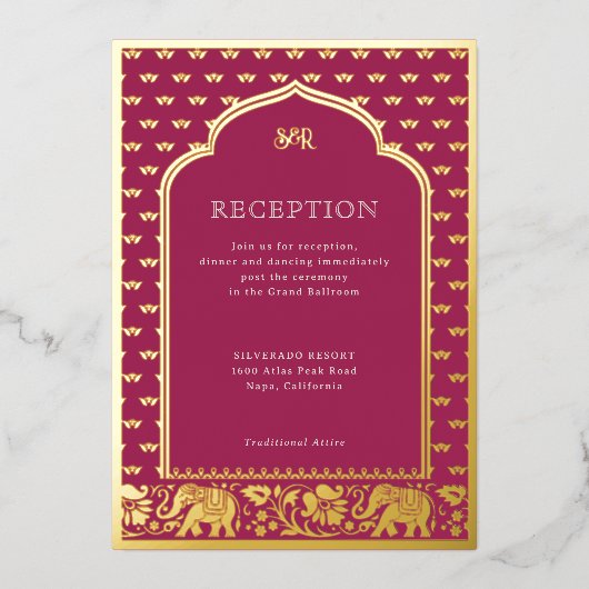 Invitation En Aluminium Réception de mariage indienne Elephant & Lotus Flo (Recto)