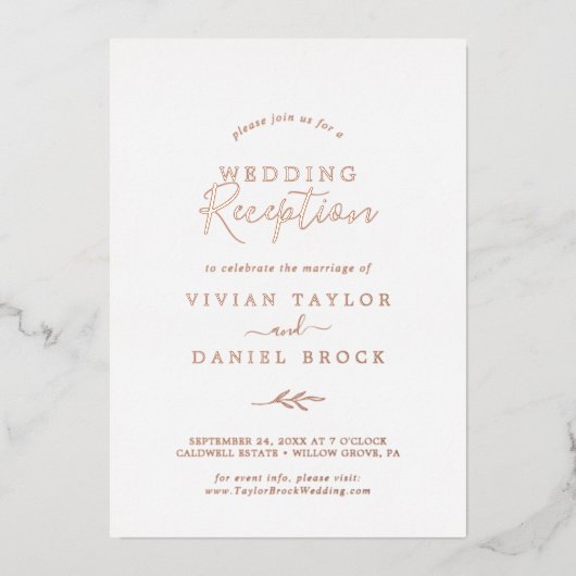 Invitation En Aluminium Réception de mariage minimaliste feuille | Rose Go (Recto)