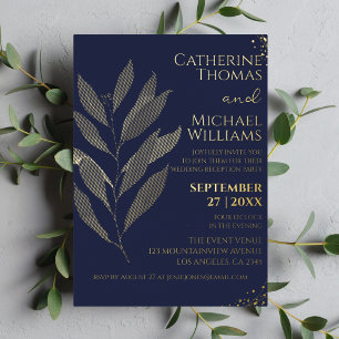 Invitation En Aluminium Réception de mariage moderne bleu navy feuille d'o