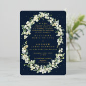 Invitation En Aluminium Réception de mariage Navy Snowberry+Eucalyptus uni (Debout devant)