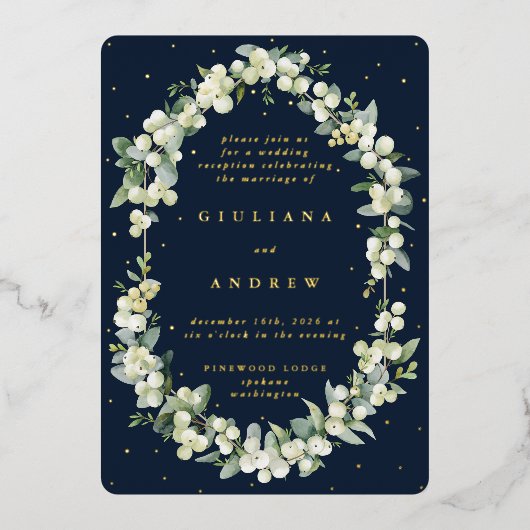 Invitation En Aluminium Réception de mariage Navy Snowberry+Eucalyptus uni (Recto)