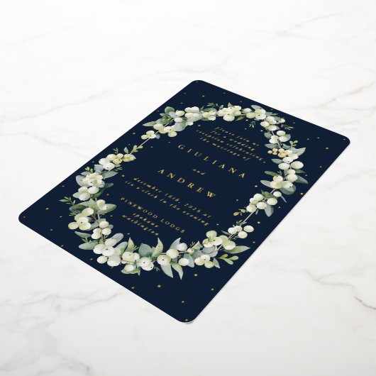 Invitation En Aluminium Réception de mariage Navy Snowberry+Eucalyptus uni (Rotation)
