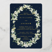 Invitation En Aluminium Réception de mariage Navy Snowberry+Eucalyptus uni (Recto)