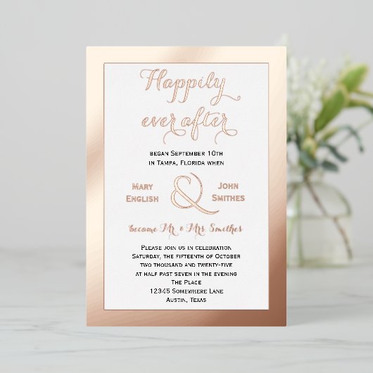 Invitation En Aluminium Réception Rose Gold Happily Ever After uniquement (Debout devant)