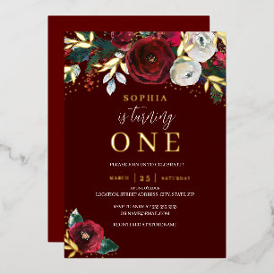 Invitation En Aluminium Red Christmas Floral Girl 1er Anniversaire Or