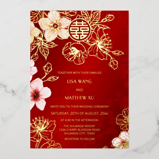 Invitation En Aluminium Red Gold Cherry Blossom Chinese Wedding (Recto)