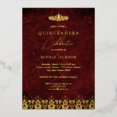 Invitation En Aluminium Red Gold Elegant Damask Tiara Quinceanera (Recto)