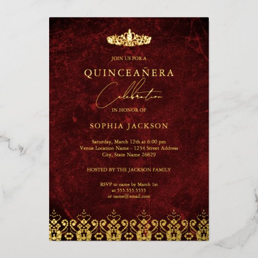 Invitation En Aluminium Red Gold Elegant Damask Tiara Quinceanera (Recto)