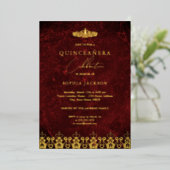 Invitation En Aluminium Red Gold Elegant Damask Tiara Quinceanera (Debout devant)