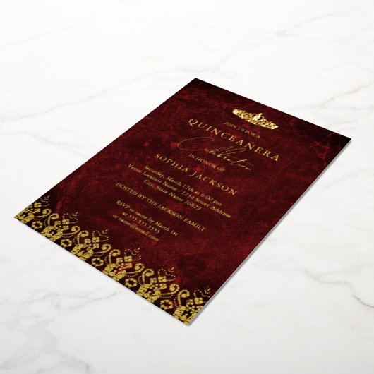 Invitation En Aluminium Red Gold Elegant Damask Tiara Quinceanera (Rotation)