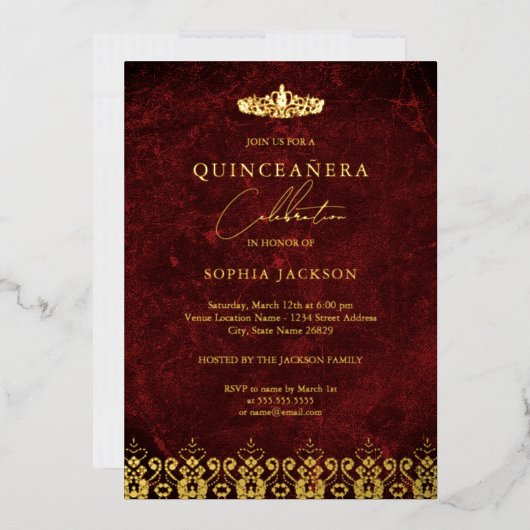Invitation En Aluminium Red Gold Elegant Damask Tiara Quinceanera (Enveloppe)
