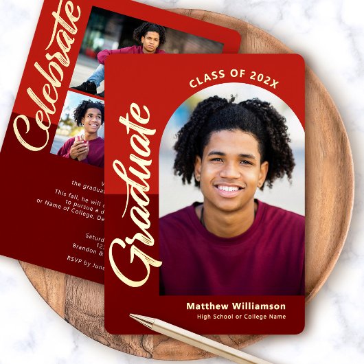 Invitation En Aluminium Red Graduation 4 Photo Script Arch Party Real Gold