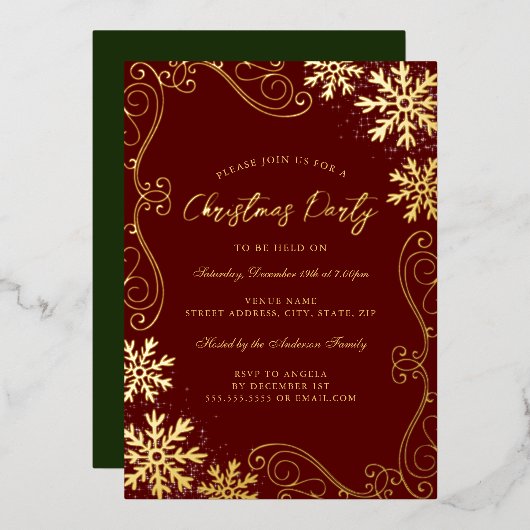 Invitation En Aluminium Red Green Swirl Flocon de neige Gold Noël (Recto/Verso)