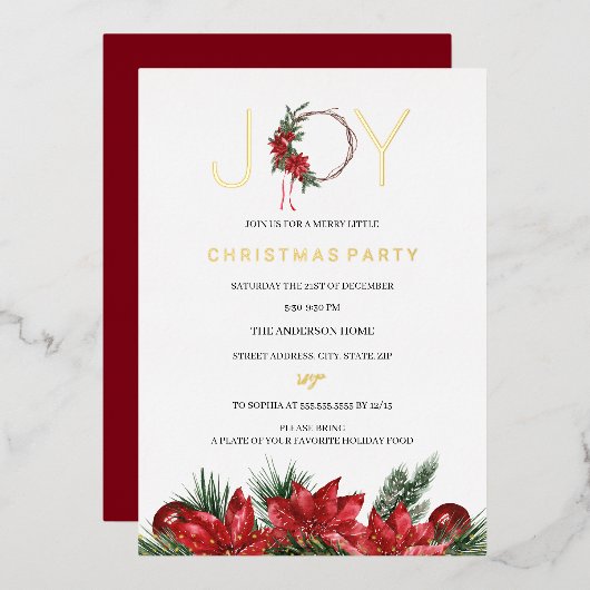 Invitation En Aluminium Red Joy Christmas Party Foliage Wreath (Recto/Verso)