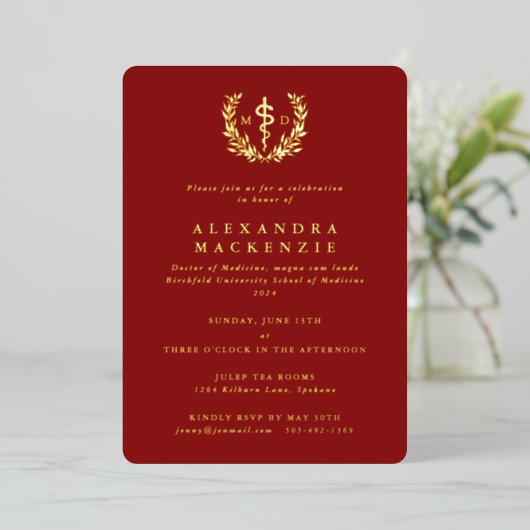 Invitation En Aluminium Red MD Asclepius+Laurel Wreath Graduation Party (Debout devant)
