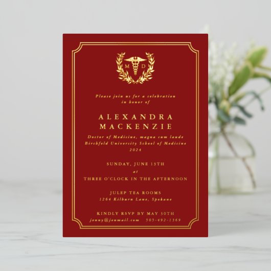 Invitation En Aluminium Red MD Caduceus+Laurel Wreath Graduation (Debout devant)
