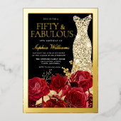 Invitation En Aluminium Red Roses & Black 50th Birthday Gold (Recto)