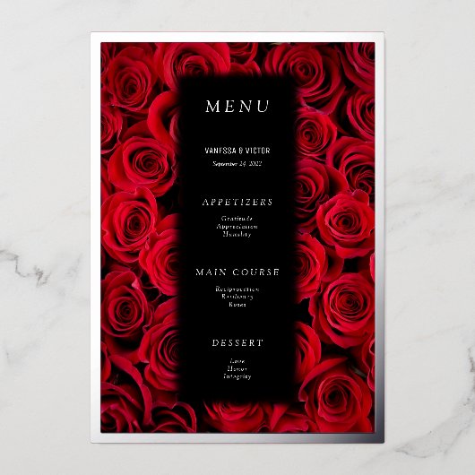 Invitation En Aluminium Red Roses Faux Argent Noir Luxe Menu Mariage (Recto)