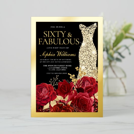 Invitation En Aluminium Red Roses & Gold Foil Black 60th Birthday (Debout devant)