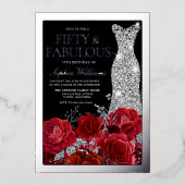 Invitation En Aluminium Red Roses & Silver Foil Black 50th Birthday (Recto)