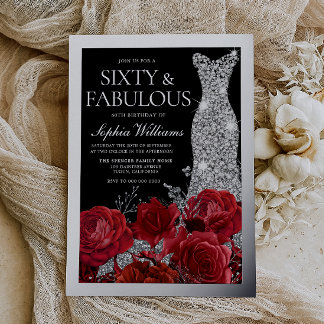Invitation En Aluminium Red Roses & Silver Foil Black 60th Birthday