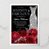 Invitation En Aluminium Red Roses & Silver Foil Black 70th Birthday (Recto)