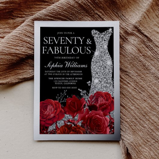Invitation En Aluminium Red Roses & Silver Foil Black 70th Birthday