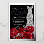 Invitation En Aluminium Red Roses & Silver Foil Black 90th Birthday (Recto)