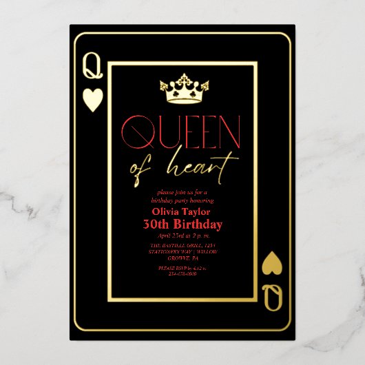 Invitation En Aluminium Reine du coeur Black Red Gold fête d'anniversaire (Recto)