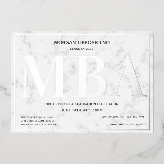 Invitation En Aluminium Remise de diplôme MBA Marbre Argent (Recto)