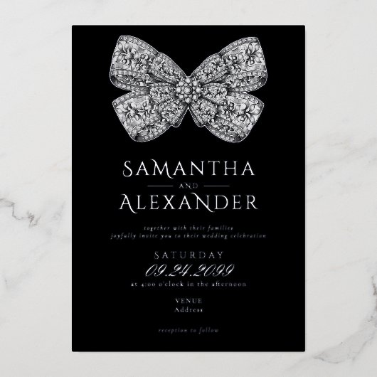 Invitation En Aluminium Renaissance Regency Ornate Bow Black Photo Mariage (Recto)