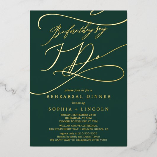 Invitation En Aluminium Repas de répétition romantique vert et doré avant (Recto)