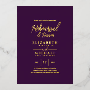Invitation En Aluminium Répétition et dîner du Mariage Purple Gold Foil