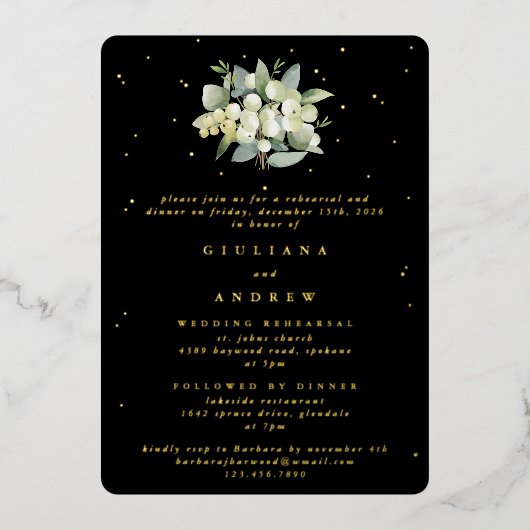 Invitation En Aluminium Répétition Mariage Black Snowberry+Eucalyptus (Recto)