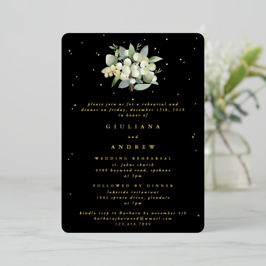 Invitation En Aluminium Répétition Mariage Black Snowberry+Eucalyptus (Debout devant)