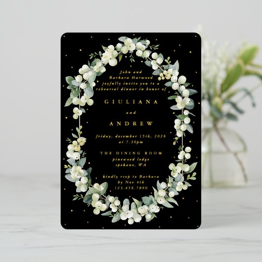Invitation En Aluminium Répétition Mariage Black Snowberry+Eucalyptus (Debout devant)