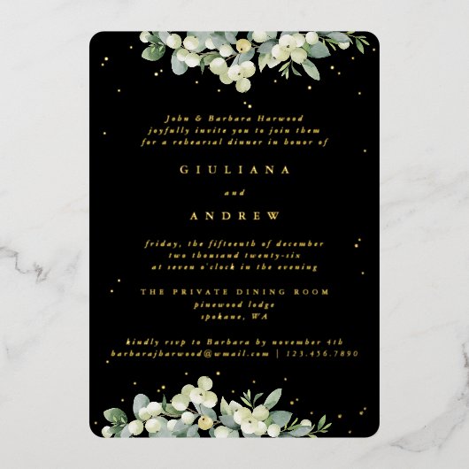 Invitation En Aluminium Répétition Mariage Black Snowberry+Eucalyptus (Recto)
