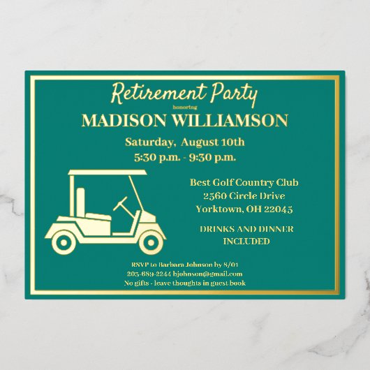 Invitation En Aluminium Retraite Party Golf Real Gold (Recto)