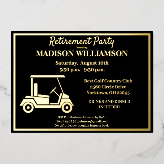 Invitation En Aluminium Retraite Party Golf Real Gold (Recto)