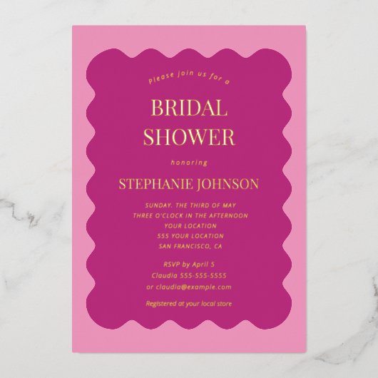 Invitation En Aluminium Retro 1950s Wavy Edge Magenta et rose nuptiale (Recto)