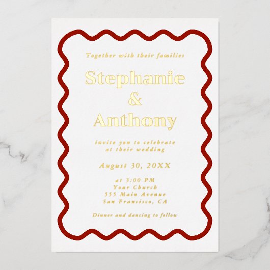 Invitation En Aluminium Retro 1950s Wavy Edge Mariage rouge foncé (Recto)