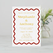 Invitation En Aluminium Retro 1950s Wavy Edge Mariage rouge foncé (Debout devant)