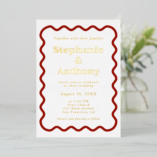 Invitation En Aluminium Retro 1950s Wavy Edge Mariage rouge foncé (Debout devant)